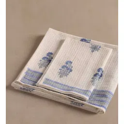 peepul tree Hand Block Printed 100% Pure Cotton Floral Offwhite & Blue 240 GSM Super Absorbent 1 Hand & 1 Bath Towel Set-picture-36
