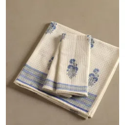 peepul tree Hand Block Printed 100% Pure Cotton Floral Offwhite & Blue 240 GSM Super Absorbent 2 Hand & 1 Bath Towel Set-picture-35
