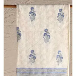 peepul tree Hand Block Printed 100% Pure Cotton Floral Offwhite & Blue 240 GSM Super Absorbent Bath Towels-picture-29
