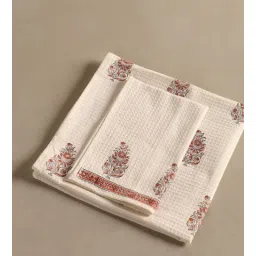 peepul tree Hand Block Printed 100% Pure Cotton Floral Offwhite & Peach 240 GSM Super Absorbent 1 Hand & 1 Bath Towel Set-picture-34