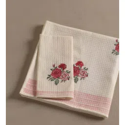 peepul tree Hand Block Printed 100% Pure Cotton Floral Offwhite & Pink 240 GSM Super Absorbent 1 Hand & 1 Bath Towel Set-picture-30