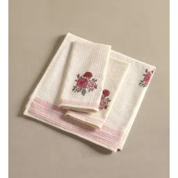 peepul tree Hand Block Printed 100% Pure Cotton Floral Offwhite & Pink 240 GSM Super Absorbent 2 Hand & 1 Bath Towel Set-picture-31