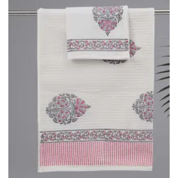 peepul tree Hand Block Printed 100% Pure Cotton Floral Pink 240 GSM Super Absorbent 1 Hand and 1 Bath Towel Set-picture-39