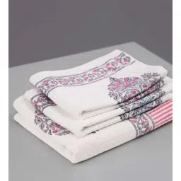 peepul tree Hand Block Printed 100% Pure Cotton Floral Pink 240 GSM Super Absorbent 2 Hand and 1 Bath Towel Set-picture-37