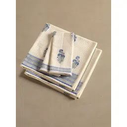 Peepul Tree Off White & Blue 4 Pieces Printed Cotton 300 GSM Towel Set-picture-13