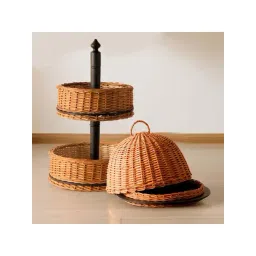 Peepul Tree Wicker & Wood Serving Platter With Lid & 2 Tier Collapsable Fruit Basket Combo-picture-41