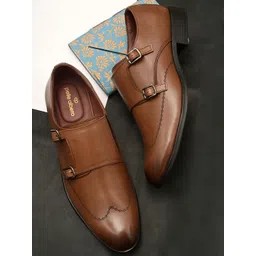 pelle albero Men Tan Solid Leather Formal Monk Shoes-picture-23