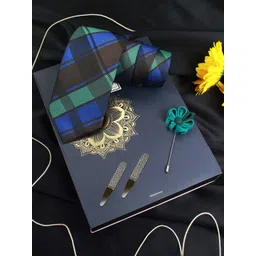 PELUCHE Men Blue & Green Checked Broad Tie with Brooch & Collar Stay-picture-30