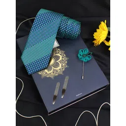 PELUCHE The Stylish Duo Blue Woven Design Broad Tie - Three Piece Gift Box-picture-23