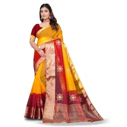 Pemal Designer Colourblocked Embroidered Zari Organza Saree-picture-18