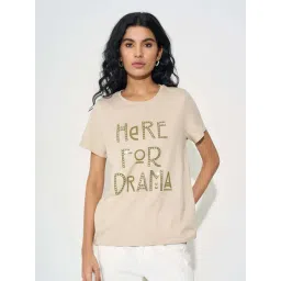 People By Pantaloons Beige Regular Fit Embellished T-Shirt-picture-37