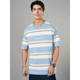 People By Pantaloons Blue Cotton Boxy Fit Striped T-Shirt-picture-29