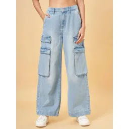 People by Pantaloons Blue Cotton Mid Rise Flared Jeans-picture-39