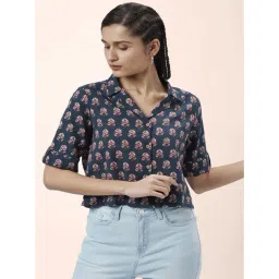 People by Pantaloons Blue Cotton Printed Crop Shirt-picture-30