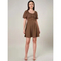 People by Pantaloons Brown Plain A-Line Dress-picture-21