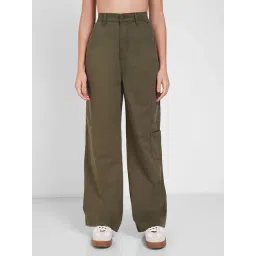 People By Pantaloons Green Cotton Flared Fit Trousers-picture-40