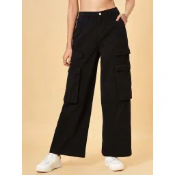 People by Pantaloons Jet Black Cotton Mid Rise Flared Jeans-picture-30