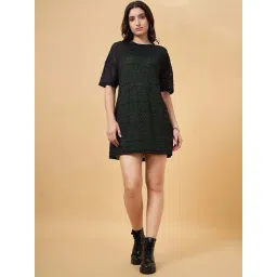 People by Pantaloons Jet Black Self Pattern A-Line Dress-picture-39