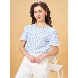 People Blue Checked Puff Sleeves Regular Crop Top-picture-28