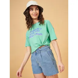 People Green Typography Printed Extended Sleeves Pure Cotton Casual Boxy T-shirt-picture-15