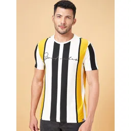 People Mustard Yellow Vertical Striped Pure Cotton Slim Fit T-shirt-picture-42