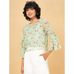People Olive Green Floral Printed Round Neck Bell Sleeves Regular Top-picture-14