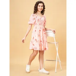 People Pink Square Neck Puff Sleeve Floral Print Fit & Flare A-Line Dress-picture-20