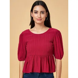 People Red Puff Sleeves Empire Top-picture-28