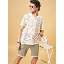 People Slim Fit Printed  Spread Collar Short Sleeves Cotton Casual Shirt-picture-26