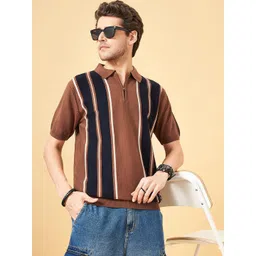 People Striped Polo Collar Extended Sleeves Regular Fit Cotton T-shirt-picture-41