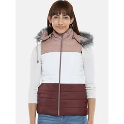 People Women Pink White Colourblocked Parka Jacket-picture-35