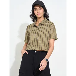 People Women Vertical Striped Cotton Shirt Style Crop Top-picture-11