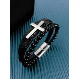 Peora Black Stainless Steel Leather Bracelet-picture-45