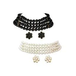 Peora Combo of Black & White Faux Pearl Beaded Choker Necklace Sets for Women-image-8
