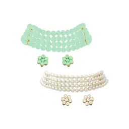 Peora Combo of Mint Green & White Faux Pearl Beaded Choker Necklace Sets for Women-image-49