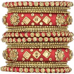 peora Ethnic Beautiful Handmade Red Silk Thread Kundan Stone Studded Matching Bangle Chuda Set Fashion Jewellery for Women Navratri Gift Size - 2.6 (Red)-picture-16