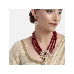 Peora Floral Shape Crystal Stone Maroon Faux Pearl Kundan Long Necklace Set for Women-picture-11