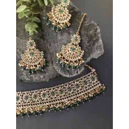 Peora Gold-Plated & Green Kundan Studded Necklace Set-picture-27