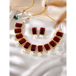 Peora Gold-Plated & Maroon Crystal Pearl Traditional Jewellery Set-picture-39