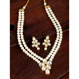 Peora Gold Plated & White Crystal Pearl Long Necklace with Drop Earrings-picture-36