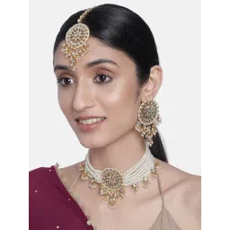 Peora Gold-Plated & White Kundan & Pearls Studded Multistrand Choker Set-picture-31