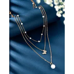 Peora Gold-Plated Cubic Zirconia & Pearl Studded 3 Layer Pendant Chain Necklace-picture-25