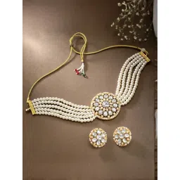 Peora Gold Plated Kundan White Pearl Adjustable Choker Necklace Beaded Set-picture-32