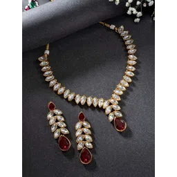 Peora Gold-Plated Maroon Crystal Studded Jewellery Set-picture-41