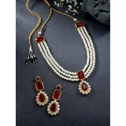 Peora Gold-Plated Maroon Kundan Long Necklace Earring Jewellery Set-picture-39