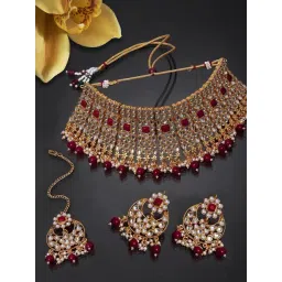 Peora Gold-Plated Pearl Kundan Necklace Earrings with Maang Tikka Jewellery Set-picture-45