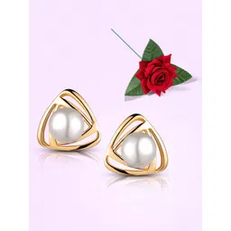 Peora Gold Plated Pearls Triangular Shaped Studs With Red Rose-picture-12