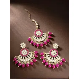 Peora Gold Plated Rani Pink Kundan & Pearl Earring & Maang Tikka Stylish Set-picture-24