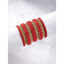 Peora Gold-Plated Red Flowers Chuda Bangle - Set of 18-picture-18