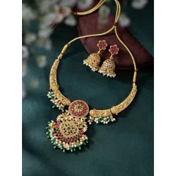 Peora Gold-Plated Red Green Beads Studded Choker Necklace Jhumki Earrings Jewellery Set-picture-41